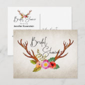 Invitation Carte Postale Fête des mariées florale Rustic Deer Antlers (Devant / Derrière)