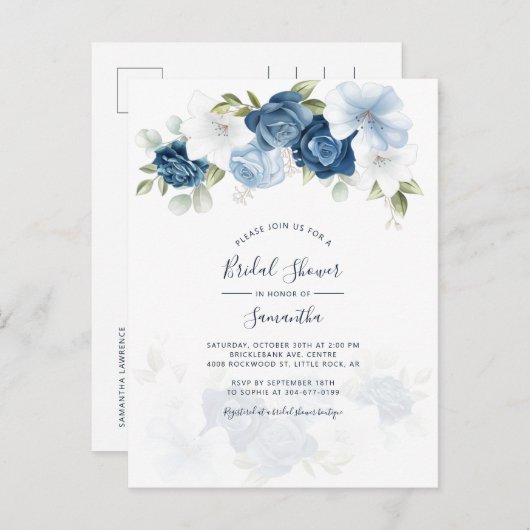 Invitation Carte Postale Fête des mariées moderne Floral Dusty Blue Script (Devant / Derrière)