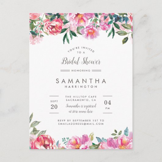 Invitation Carte Postale Fête des mariées moderne rose de pivoines (Devant)