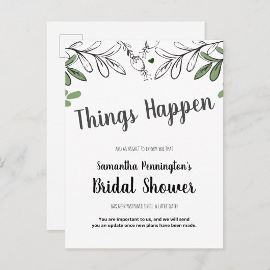 Invitation Carte Postale Fête des mariées reportée vignes blanches et fleur (Devant / Derrière)