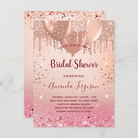 Invitation Carte Postale Fête des mariées rose or rose parties scintillant (Devant / Derrière)