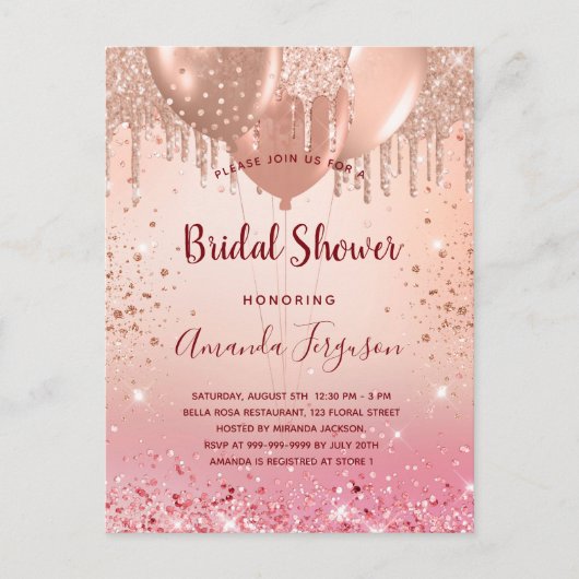 Invitation Carte Postale Fête des mariées rose or rose parties scintillant (Devant)