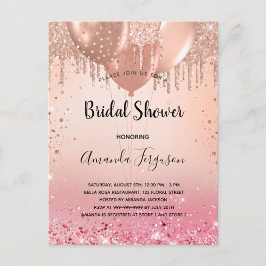 Invitation Carte Postale Fête des mariées rose or rousse parties scintillan (Devant)