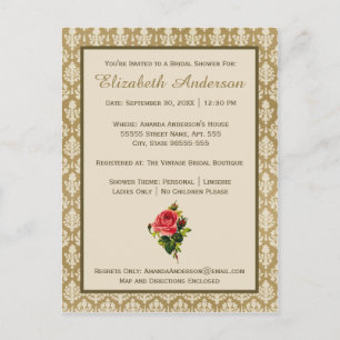 Invitation Carte Postale Fête des mariées rose vintage Damask or