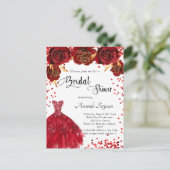 Invitation Carte Postale Fête des mariées rouge robe blanche rose fleurs (Debout devant)