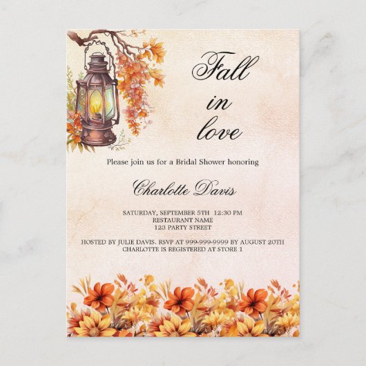 Invitation Carte Postale Fête des mariées tomber amoureux floraux orange (Devant)