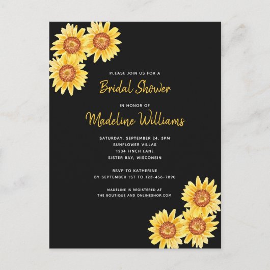 Invitation Carte Postale Fête des mariées tournesol (Devant)