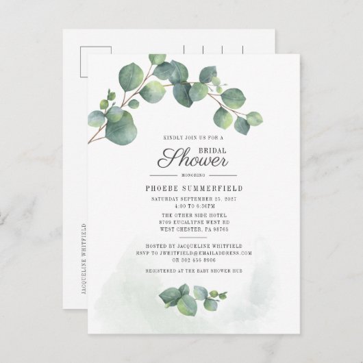 Invitation Carte Postale Fête des mariées Verdure Eucalyptus Aquarelle (Devant / Derrière)