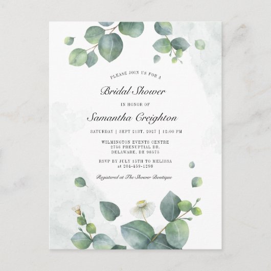 Invitation Carte Postale Fête des mariées verte Eucalyptus (Devant)