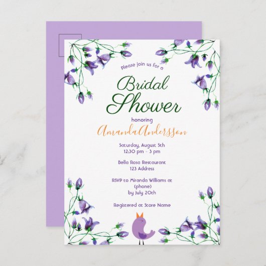 Invitation Carte Postale Fête des mariées violet fleurs bleuets blancs (Devant / Derrière)