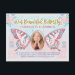Invitation Carte Postale Fête des papillons Photo Girls Cute Kid Pink<br><div class="desc">Ces cartes postales d'invitation uniques à la fête d'anniversaire transforment votre enfant en papillon magique ! Le joli design présente un aspect vintage de conte de fées dans des teintes blanches de rose, de bleu et d'or. La photo de votre enfant remplit le centre des ailes du papillon. Le joli...</div>