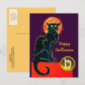 INVITATION CARTE POSTALE FÊTE D'HALLOWEEN CHAT NOIR MONOGRAMME (Devant / Derrière)
