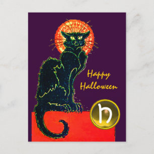 INVITATION CARTE POSTALE FÊTE D'HALLOWEEN CHAT NOIR MONOGRAMME