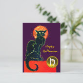 INVITATION CARTE POSTALE FÊTE D'HALLOWEEN CHAT NOIR MONOGRAMME (Debout devant)