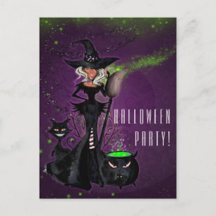 Invitation Carte Postale Fête d'Halloween Sorcière Glam en Noir Vert Violet