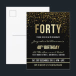 Invitation Carte Postale Fête du 40e anniversaire | Confetti en or chatoyan<br><div class="desc">Cette invitation à la carte postale formelle, élégante, tendance et moderne pour quarantième anniversaire convient aux hommes ou aux femmes. Il comprend des lignes dorées propres, un script gothique coque supérieur élégant et un texte fixe imitation feuille d'or sophistiqué sur un arrière - plan noir avec des douches de confettis...</div>