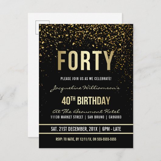 Invitation Carte Postale Fête du 40e anniversaire | Confetti en or chatoyan (Devant / Derrière)