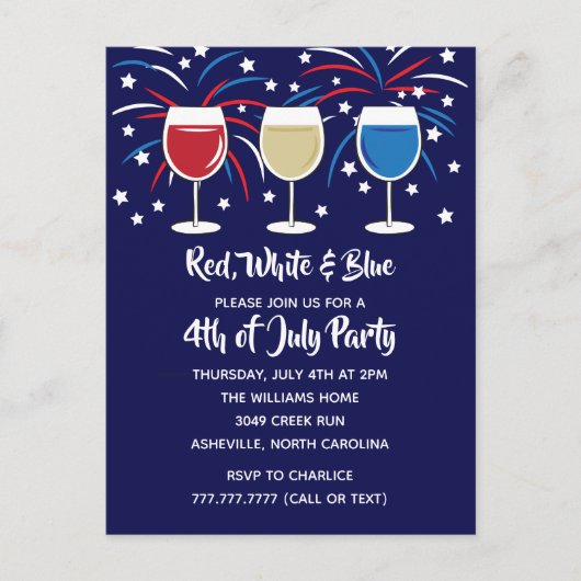 Invitation Carte Postale Fête du 4 juillet Vin Rouge Blanc et Bleu (Devant)