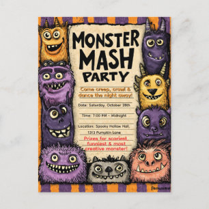 Invitation Carte Postale "Fête du Monster Mash" avec de mignons monstres