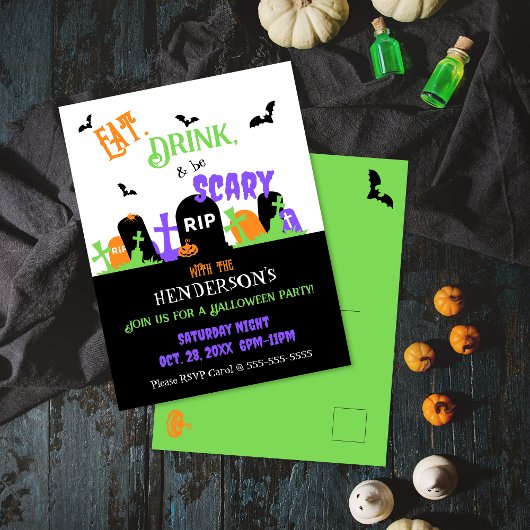 Invitation Carte Postale Fête éffrayante d'Halloween du cimetière