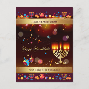 Invitation Carte Postale Fête joyeuse de Hanukka Menorah en or de Hanukka