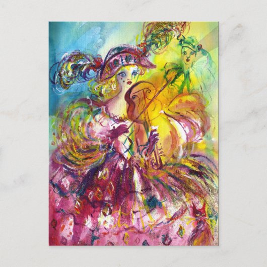 Invitation Carte Postale Fête masquée du Mardi Gras ARLECCHINA violoniste (Devant)