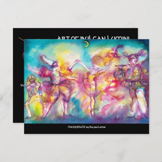 Invitation Carte Postale FÊTE MASQUÉE,Masques de Mardi Gras,Danse,Musique (Devant / Derrière)