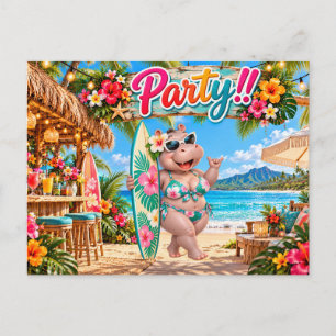 Invitation Carte Postale Fête sur la plage avec Hippopotame