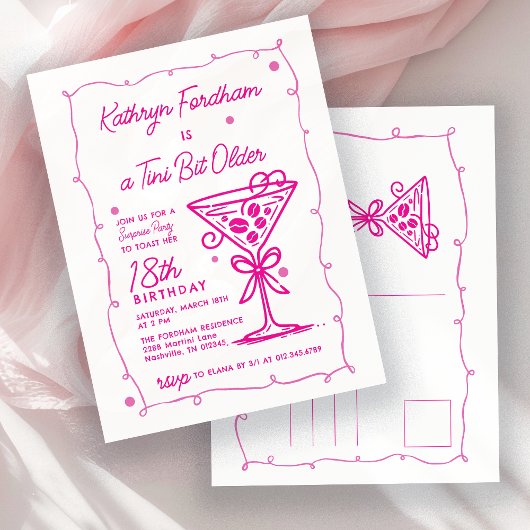 Invitation Carte Postale FÊTE SURPRISE 18e anniversaire Doodle rose Martini