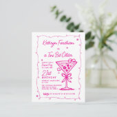 Invitation Carte Postale FÊTE SURPRISE 21e anniversaire Doodle rose Martini (Debout devant)