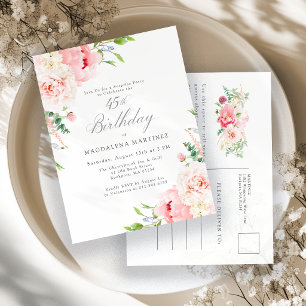 Invitation Carte Postale FÊTE SURPRISE 45e Anniversaire Féminin Floral Rose