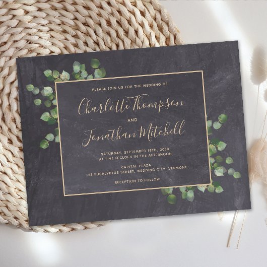 Invitation Carte Postale Feuillage de eucalyptus verdure tableau noir rusti