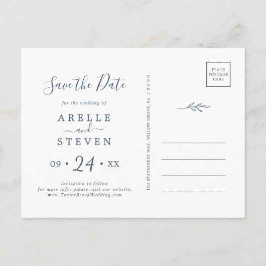 Invitation Carte Postale Feuille minimale | Bleu ardoise Enregistrer la dat (Dos)