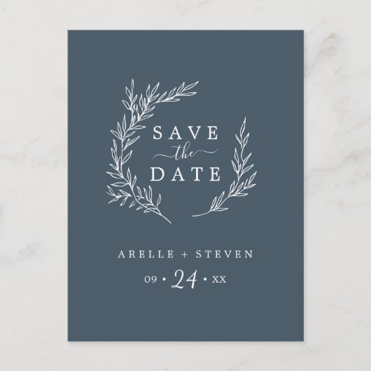 Invitation Carte Postale Feuille minimale | Bleu ardoise Enregistrer la dat (Devant)