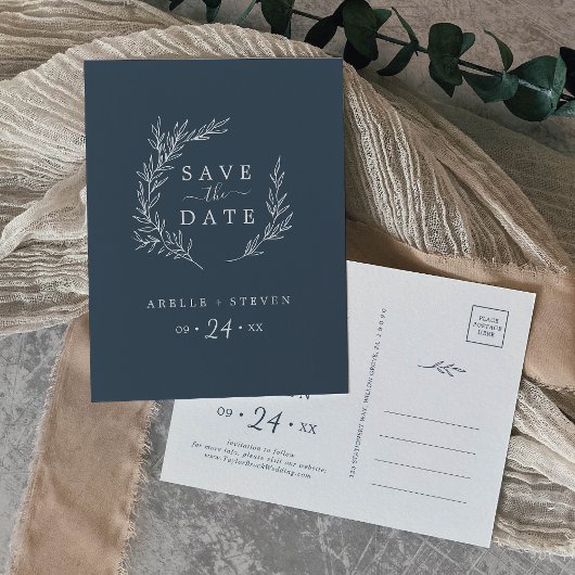 Invitation Carte Postale Feuille minimale | Bleu ardoise Enregistrer la dat