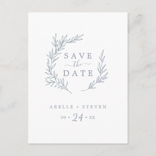 Invitation Carte Postale Feuille minimale | Dusty Blue Enregistrer la date (Devant)