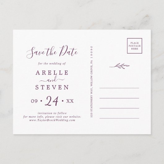 Invitation Carte Postale Feuille minimale | Enregistrer la date (Dos)