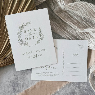 Invitation Carte Postale Feuille minimale   Vert olive Enregistrer la date