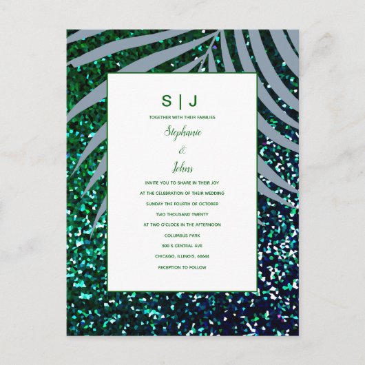Invitation Carte Postale Feuille Parties scintillant verte Mariage bleu Dus (Devant)