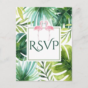 Invitation Carte Postale Feuille tropicale & Flamants Mariage d'été RSVP