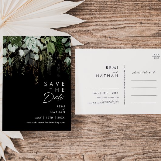 Invitation Carte Postale Feuille verte et or Script noir Enregistrer la dat