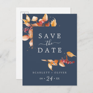 Invitation Carte Postale Feuilles automnales Navy Blue Enregistrer la dat