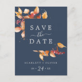 Invitation Carte Postale Feuilles automnales | Navy Blue Enregistrer la dat (Devant)