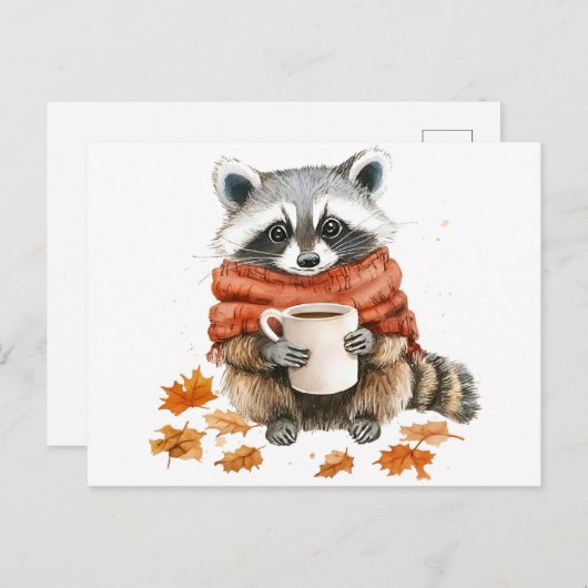 Invitation Carte Postale Feuilles d'automne douillette automne raccoon avec (Devant / Derrière)