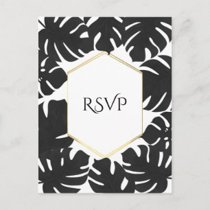 Invitation Carte Postale Feuilles Tropicales Noires Mariage Blanc & Or RSVP