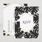 Invitation Carte Postale Feuilles Tropicales Noires Mariage Blanc & Or RSVP (Devant / Derrière)