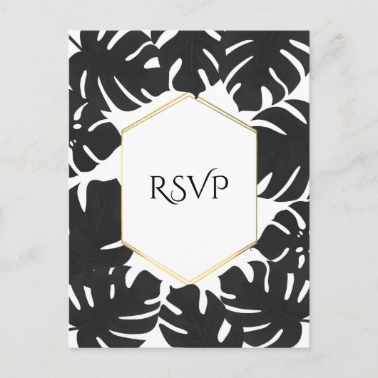 Invitation Carte Postale Feuilles Tropicales Noires Mariage Blanc & Or RSVP (Devant)