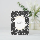 Invitation Carte Postale Feuilles Tropicales Noires Mariage Blanc & Or RSVP (Debout devant)