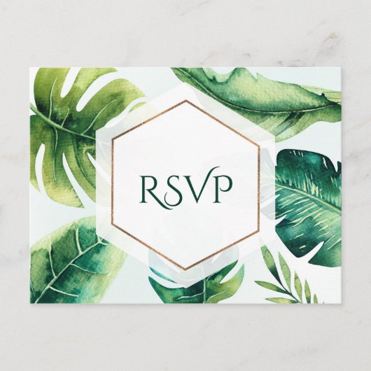 Invitation Carte Postale Feuilles Tropicales Vertes Élégant Mariage RSVP Bl (Devant)
