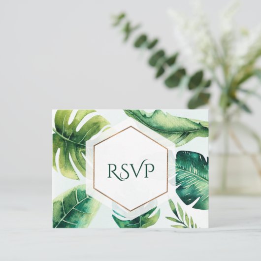 Invitation Carte Postale Feuilles Tropicales Vertes Élégant Mariage RSVP Bl (Debout devant)